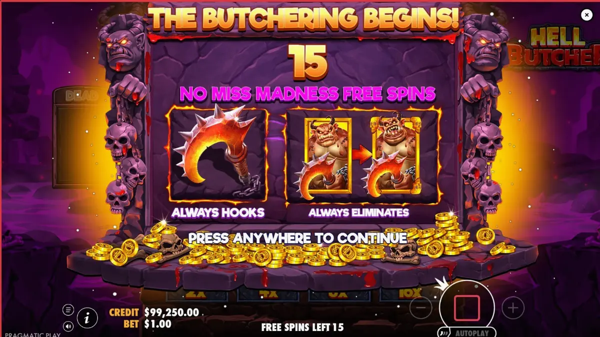 Interface do jogo Hell Butcher com símbolos de terror e grade de cluster pays