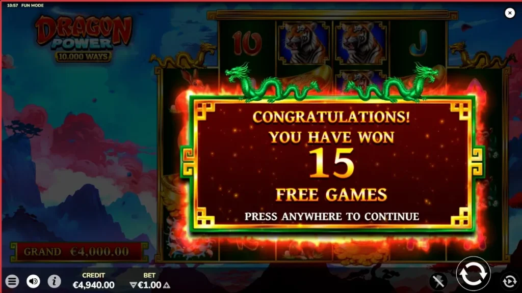 Interface do jogo de slot Dragon Power 10,000 Ways com tema asiático e dragões