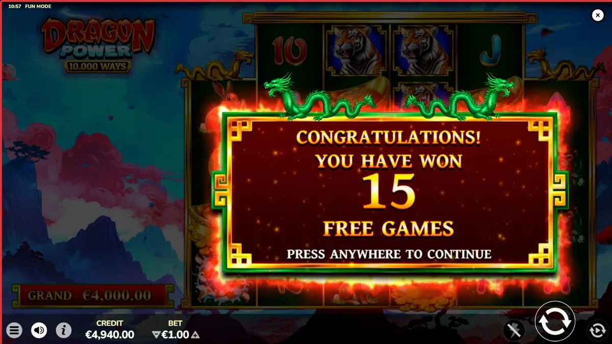 Interface do jogo de slot Dragon Power 10,000 Ways com tema asiático e dragões