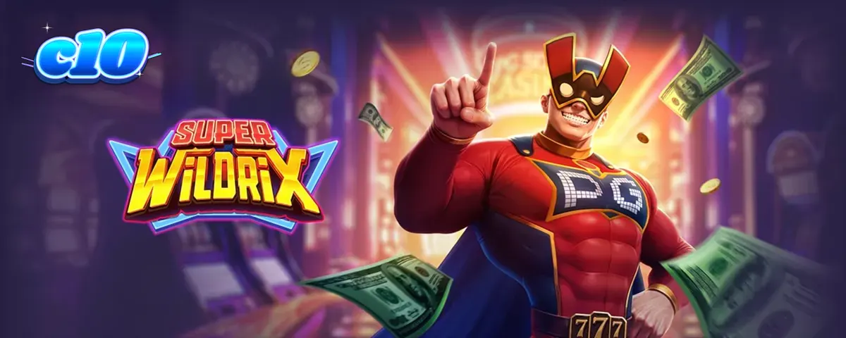 Interface do jogo de slot Super Wildrix com tema de super-herói neon
